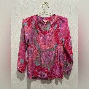 Lilly Pulitzer Pink Floral V-Neck Long Sleeve Blouse